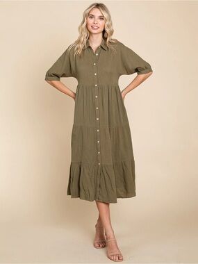 Pink Diamond 100% Cotton Olive Button-Front Midi Shirt Dress